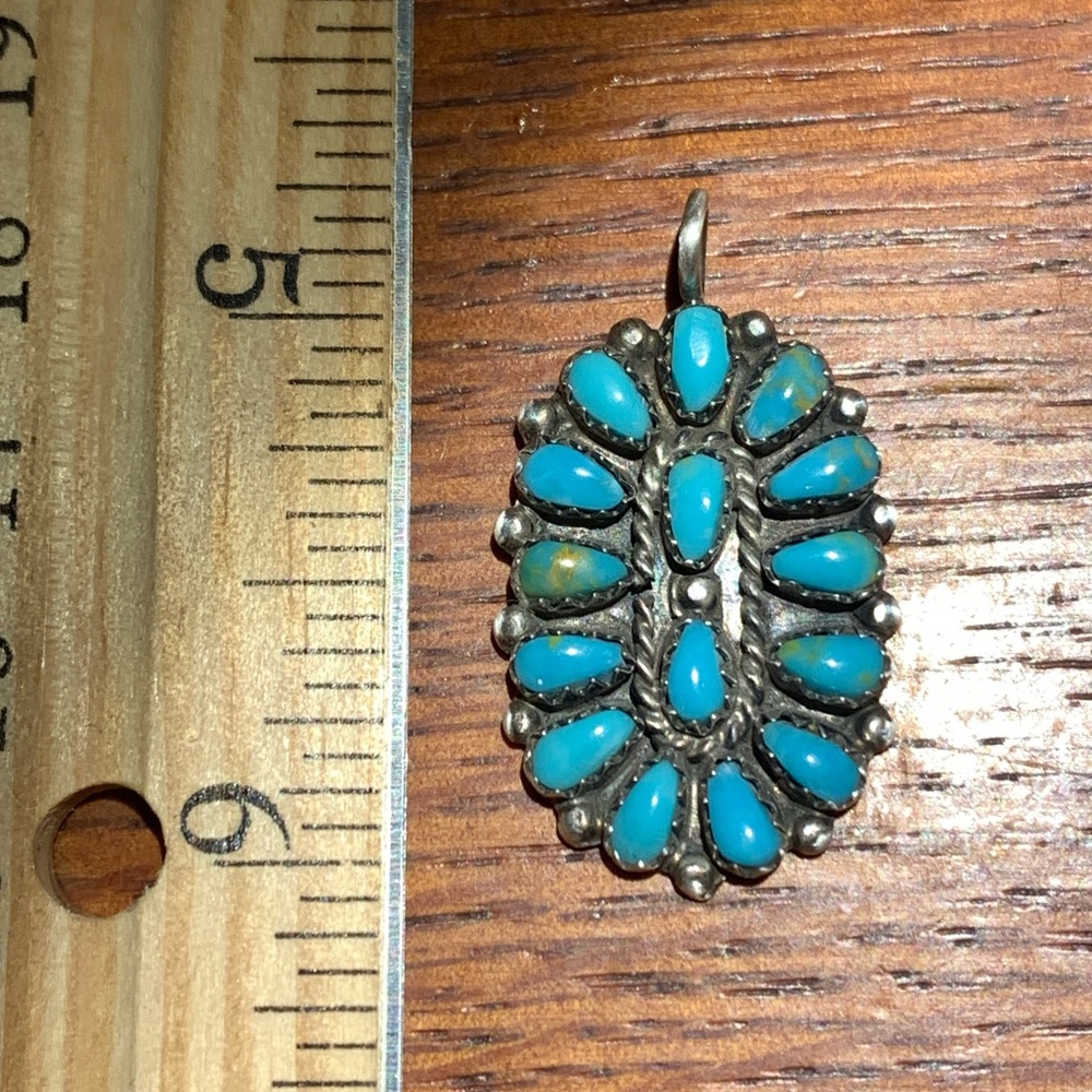Vintage Petite Point Turquoise Sterling Cluster Pendant Signed 3.63 Grams